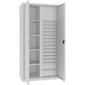 Werkstattschrank mit vertikaler Trennwand, 4 Fachböden, 14 Schubladen, HxBxT: 1990x1000x500 mm, Farbe grau RAL7035