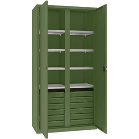 Werkstattschrank mit vertikaler Trennwand, 6 Fachböden, 12 Schubladen, HxBxT: 1990x1000x500 mm, Farbe grün RAL6011