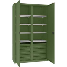 Werkstattschrank mit vertikaler Trennwand, 6 Fachböden, 12 Schubladen, HxBxT: 1990x1200x500 mm, Farbe grün RAL6011