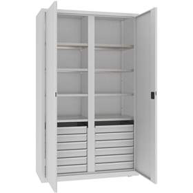 Werkstattschrank mit vertikaler Trennwand, 6 Fachböden, 12 Schubladen, HxBxT: 1990x1200x500 mm, Farbe grau RAL7035