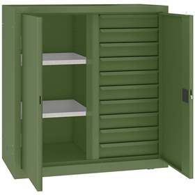 Werkstattschrank mit vertikaler Trennwand, 2 Fachböden, 10 Schubladen, HxBxT: 1040x1000x500 mm, Farbe grün RAL6011