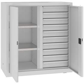 Werkstattschrank mit vertikaler Trennwand, 2 Fachböden, 10 Schubladen, HxBxT: 1040x1000x500 mm, Farbe grau RAL7035