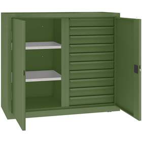 Werkstattschrank mit vertikaler Trennwand, 2 Fachböden, 10 Schubladen, HxBxT: 1040x1200x500 mm, Farbe grün RAL6011