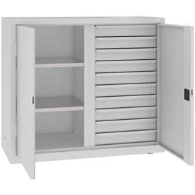 Werkstattschrank mit vertikaler Trennwand, 2 Fachböden, 10 Schubladen, HxBxT: 1040x1200x500 mm, Farbe grau RAL7035