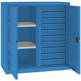 Dulap de atelier cu perete despărțitor vertical, 2 polițe, 10 sertare, HxLxl: 1040x1000x500 mm, albastru RAL5012