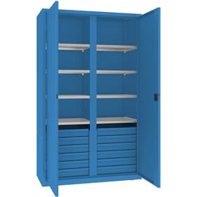 Dulap de atelier cu perete despărțitor vertical, 6 polițe, 12 sertare, HxLxl: 1990x1200x500 mm, albastru RAL5012