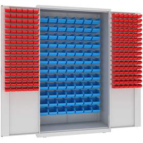 Magazinschrank, 84x große und 192x kleine hängende Regalkästen, H x B x T: 1990 x 1200 x 500 mm, Farbe Lichtgrau RAL7035