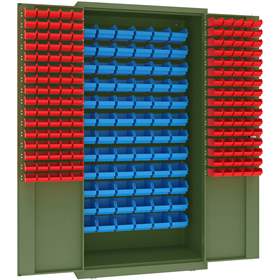 Magazinschrank, 72x große und 160x kleine hängende Regalkästen, H x B x T: 1990 x 1000 x 500 mm, Farbe Grün RAL6011