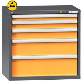 ESD Werkzeugschrank mit Schubladen, 5 Schubladen, H x B x T: 840 x 1037 x 630 mm, Farbe Anthrazit RAL7016/orange RAL1028