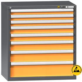 ESD Werkzeugschrank mit Schubladen, 8 Schubladen, H x B x T: 990 x 1037 x 630 mm, Farbe Anthrazit RAL7016/orange RAL1028