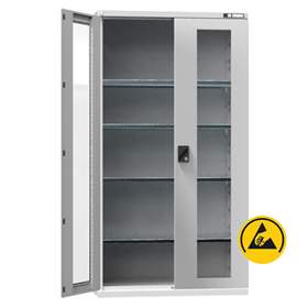 ESD Werkstatt-Schrank, HxBxT: 1950x1044x655 mm, Flügeltüren mit Sichtfenster, 4 Fachböden 100 kg, Farbe Lichtgrau RAL7035