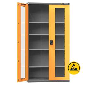 Dulap metalic de atelier ESD cu uși batante cu fereastră transparentă, HxLxl: 1950x1044x655 mm, 4 x polițe 100 kg, antracit RAL7016/portocaliu RAL1028