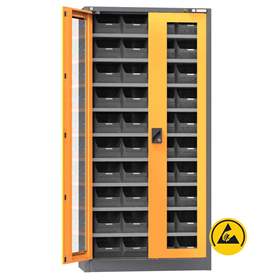 ESD Werkstatt-Schrank mit 40 St. Sichtregalkästen, HxBxT: 1950x950x400 mm, Sichtfenstertür, 9 Fachböden, Anthrazit RAL7016/orange RAL1028