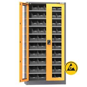 ESD Werkstatt-Schrank mit 44 St. Sichtregalkästen, HxBxT: 1950x950x400 mm, Sichtfenstertür, 9 Fachböden, Anthrazit RAL7016/orange RAL1028