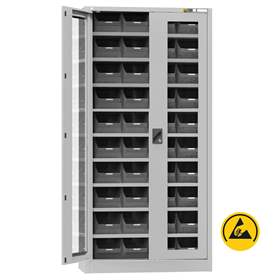 ESD Werkstatt-Schrank mit 40 St. Sichtregalkästen, HxBxT: 1950x950x400 mm, Sichtfenstertür, 9 Fachböden, Grau RAL7035