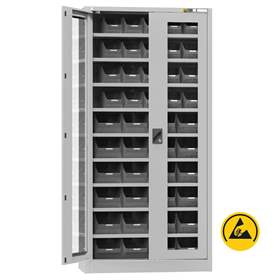 ESD Werkstatt-Schrank mit 44 St. Sichtregalkästen, HxBxT: 1950x950x400 mm, Sichtfenstertür, 9 Fachböden, Grau RAL7035