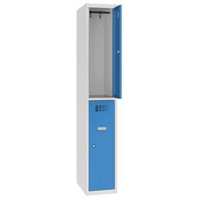 Schließfachschrank WEMO, 2 Abteile, 300x500x1800 mm, Türfarbe Blau RAL5012, ohne Füße, Drehriegelverschluss