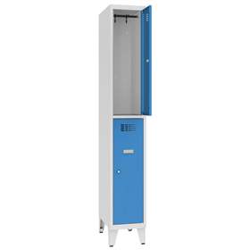 Schließfachschrank WEMO, 2 Abteile, 300x500x1940 mm, mit Füßen, Türfarbe Blau RAL5012, Drehriegelverschluss