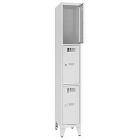 Schließfachschrank WEMO, 3 Abteile, 300x500x1940 mm, mit Füßen, Türfarbe Grau RAL7035, Drehriegelverschluss
