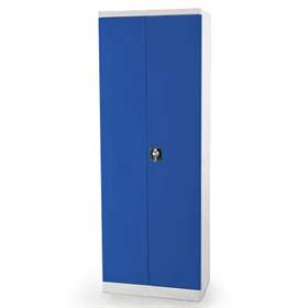 Dulap metalic cu polițe și uși batante birou arhiva atelier HxLxl 1990x800x435 mm, corp gri RAL7035 si uși albastre RAL5010