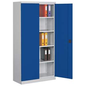 Dulap metalic cu polițe și uși batante birou arhiva atelier HxLxl 1990x1000x435 mm, corp gri RAL7035 si uși albastre RAL5010