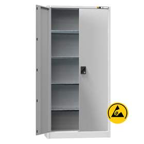 ESD Werkstatt-Schrank, HxBxT: 1950x950x400 mm, Flügeltüren, 4 Fachböden 100 kg, Farbe Lichtgrau RAL7035