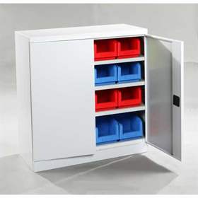 Schrank mit Sichtlagerboxen, 3 Fachböden, 16 Boxen, H x B x T: 1040x1000x435 mm, Farbe Grau RAL7035