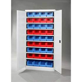 Schrank mit Sichtlagerboxen, 8 Fachböden, 36 Boxen, H x B x T: 1990x1000x435 mm, Farbe grau RAL7035