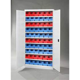 Schrank mit Sichtlagerboxen, 9 Fachböden, 60 Boxen, H x B x T: 1990x1000x435 mm, Farbe Grau RAL7035