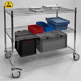 ESD-Tischwagen, verchromt, 3 Gitterfachböden, HxBxT: 1000x1220x610 mm