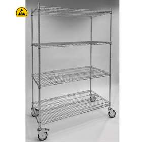 ESD-Tischwagen, verchromt, 4 Gitterfachböden, HxBxT: 1760x920x610 mm