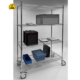 ESD-Tischwagen, verchromt, 4 Gitterfachböden, HxBxT: 1760x1220x610 mm