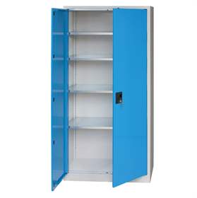 Werkstatt-Schrank, HxBxT: 1950 x 950 x 400 mm, Flügeltüren, 4 x Fachböden 100 kg, Farbe Lichtgrau RAL7035/Blau RAL5012