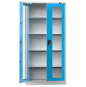Dílenská skříň, v x š x h: 1950 x 950 x 400 mm, dveře - dvoukřídlé prosklené, 4 x police 100 kg, barva šedá RAL7035 / modrá RAL5012