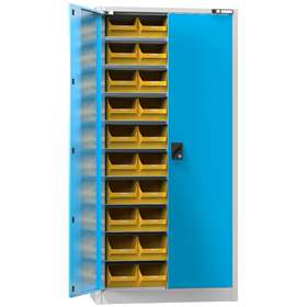 Zásobníková skříň s dveřmi 1950 x 950 x 400 mm, 9 x police, 40 x zásobník 200 x 350 x 150 mm, barva šedá RAL7035 / modrá RAL5012