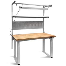 Werkbank mit Buchenplatte 1500x750 mm, elektrische Höhenverstellung, mit Aufbau, LED Beleuchtung und Lochplatte