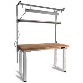 Werkbank mit Buchenplatte 1500x750 mm, elektrische Höhenverstellung, mit Aufbau und LED Beleuchtung
