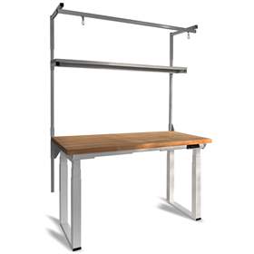 Werkbank mit Buchenplatte 1500x750 mm, elektrische Höhenverstellung, mit Aufbau, Fachboden und Rampe