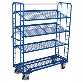 Etážový vozík VARIOfit se šikmými policemi, 4 drátěné police, 1355 x 550 mm, nosnost 250 kg