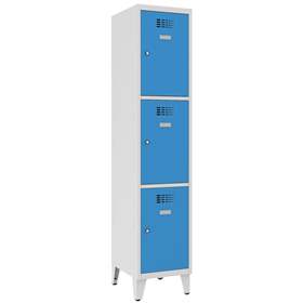 Schließfachschrank WEMO, 3 Abteile, 400x500x1940 mm, mit Füßen, Türfarbe Blau RAL5012, Zylinderschloss