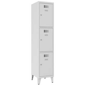 Schließfachschrank WEMO, 3 Abteile, 400x500x1940 mm, mit Füßen, Türfarbe Grau RAL7035, Drehriegelverschluss