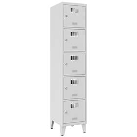 Schließfachschrank WEMO, 5 Abteile, 400x500x1940 mm, mit Füßen, Türfarbe Grau RAL7035, Zylinderschloss