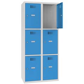 Schließfachschrank WEMO, 2x3 Abteile, 800x500x1800 mm, Türfarbe Blau RAL5012, Drehriegelverschluss