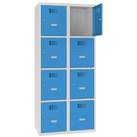 Schließfachschrank WEMO, 2x4 Abteile, 800x500x1800 mm, Türfarbe Blau RAL5012, Drehriegelverschluss
