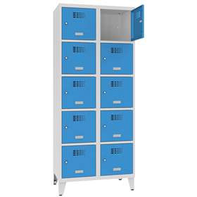 Schließfachschrank WEMO, 2x5 Abteile, 800x500x1940 mm, mit Füßen, Türfarbe Blau RAL5012, Drehriegelverschluss