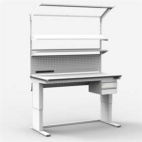 ESD-Arbeitstisch ALFA ELEKTRO, höhenverstellbar, 1200 x 700 mm. mit Schubladen, Etagenbord und Beleuchtung