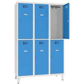 Schließfachschrank WEMO, 3x2 Abteile, 1200x500x1940 mm, mit Füßen, Türfarbe Blau RAL5012, Zylinderschloss