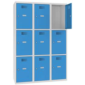 Schließfachschrank WEMO, 3x3 Abteile, 1200x500x1800 mm, Türfarbe Blau RAL5012, Zylinderschloss