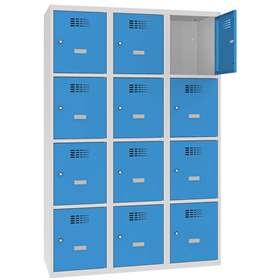 Schließfachschrank WEMO, 3x4 Abteile, 1200x500x1800 mm, Türfarbe Blau RAL5012, Drehriegelverschluss
