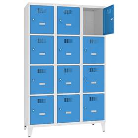 Schließfachschrank WEMO, 3x4 Abteile, 1200x500x1940 mm, mit Füßen, Türfarbe Blau RAL5012, Drehriegelverschluss
